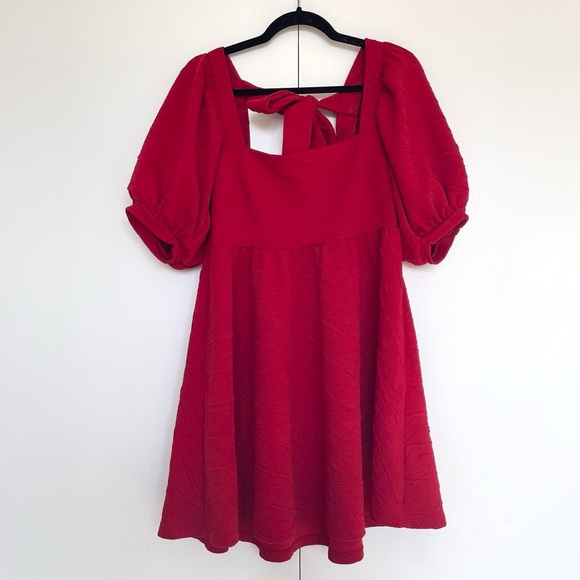 Free People | Red textured puff sleeve bow open back square neck mini dress | S - Picture 2 of 5